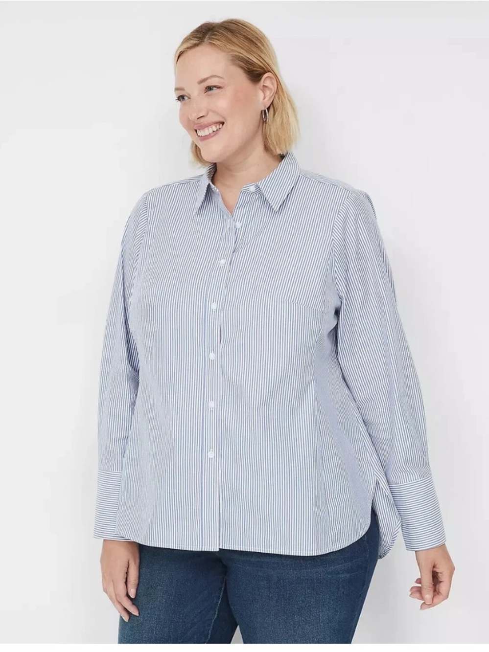 Lane Bryant Long-Sleeve Button-Down Girlfriend Shirt Blue White‎ Stripe SZ 14